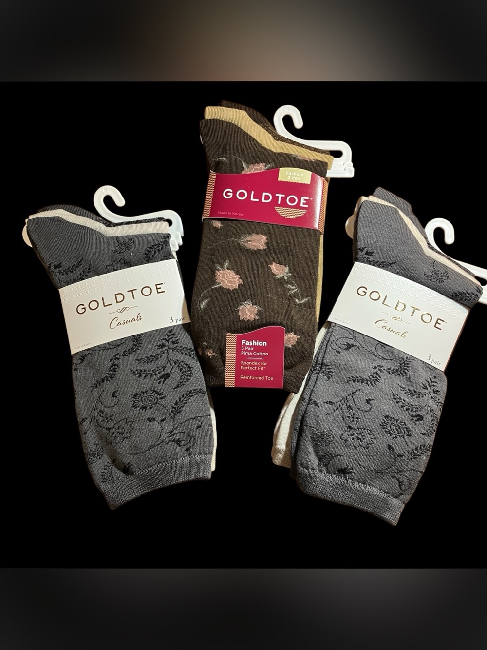 Women’s Goldtoe Casuals Floral & Solid Casual Socks Gray & Brown 9 Pairs Total